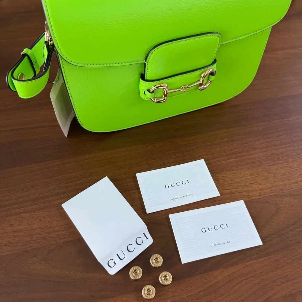 Gucci Horsebit 1955 Shoulder Bag Purse Neon Green Leather NWT Pristine Rare